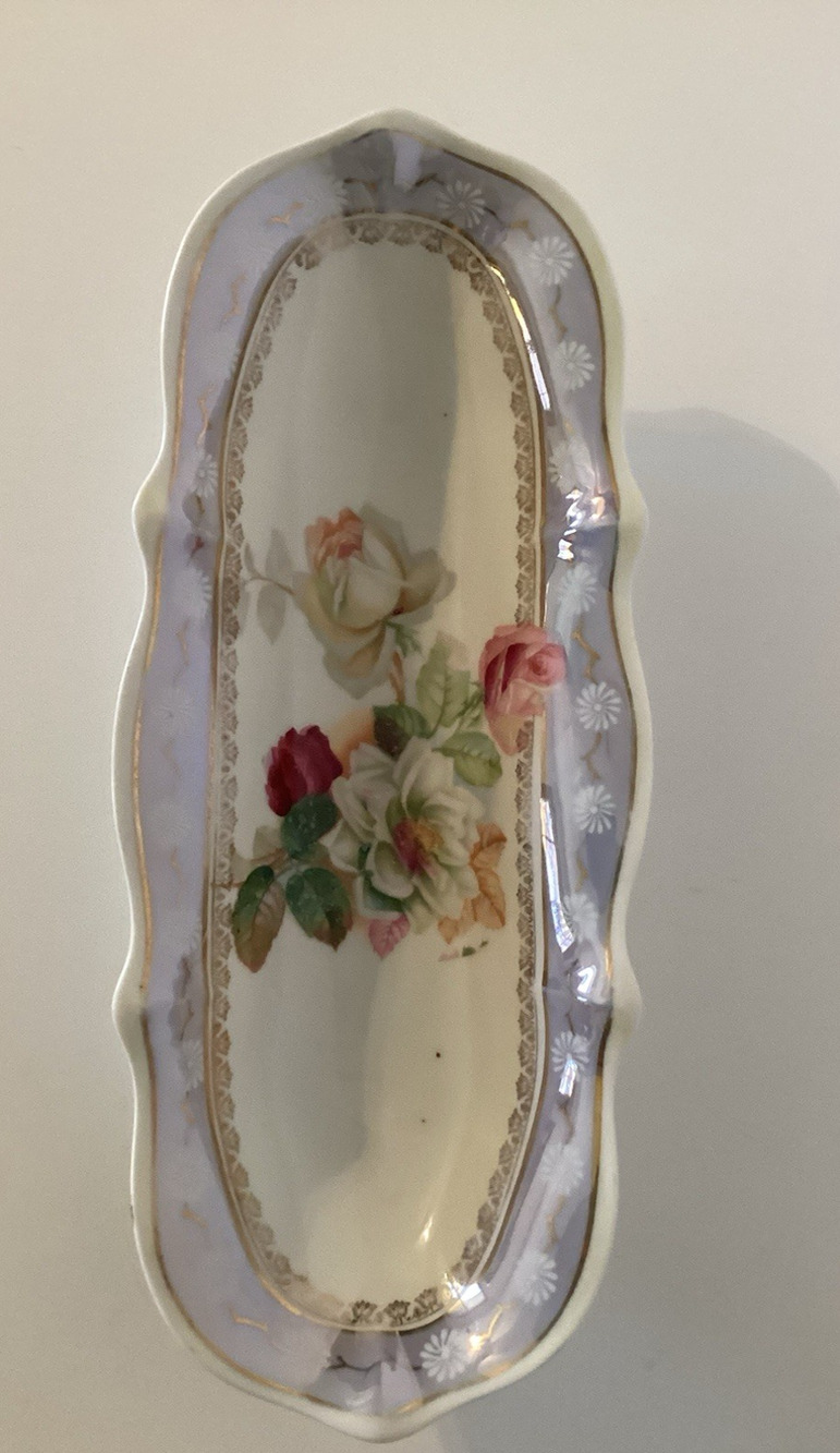 Vintage Porcelain Serving Dish Germany Floral Rose Design Gold Rim